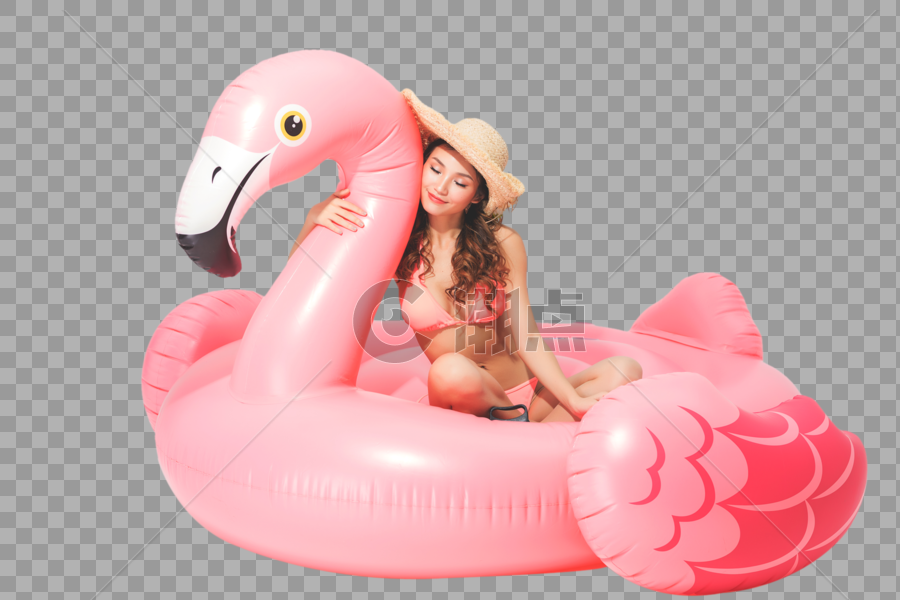 粉色比基尼的可爱美女坐在火烈鸟游泳圈图片素材免费下载