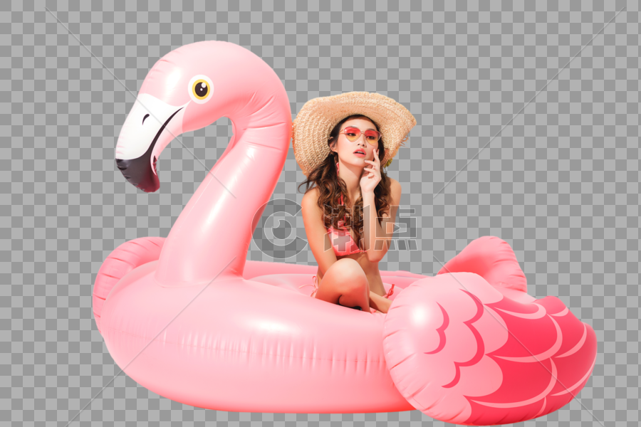粉色比基尼的可爱美女坐在火烈鸟游泳圈图片素材免费下载