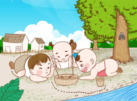 童年记忆夏日孩童们斗蛐蛐手绘原创插画图片素材免费下载