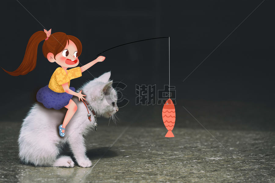 逗猫的女孩——创意摄影插画图片素材免费下载