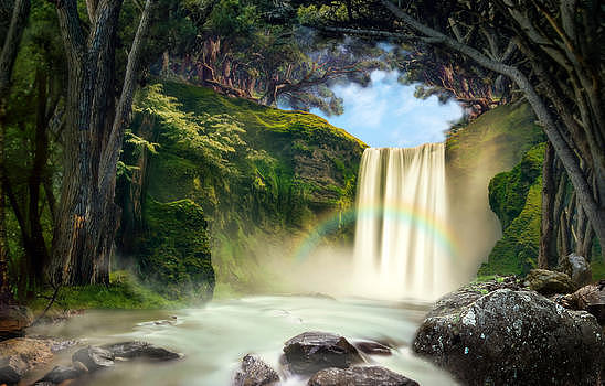 梦幻森林里的瀑布图片素材免费下载