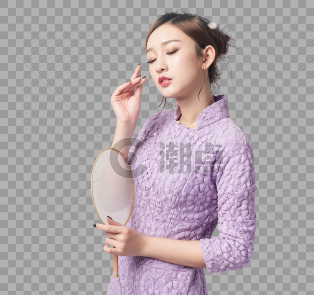 紫色旗袍美女手持蒲扇图片素材免费下载
