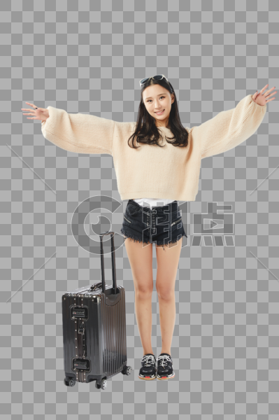 年轻女孩拖着行李张开怀抱动作图片素材免费下载