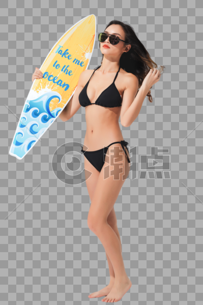 黑色比基尼泳装美女手持冲浪板图片素材免费下载