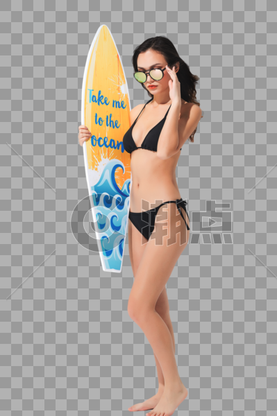 黑色比基尼泳装美女手持冲浪板图片素材免费下载