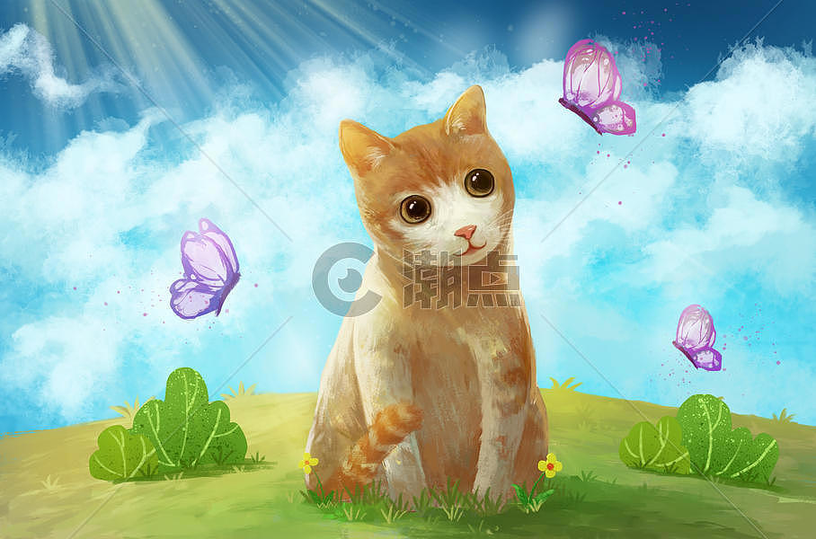 与蝴蝶玩耍的可爱小猫图片素材免费下载