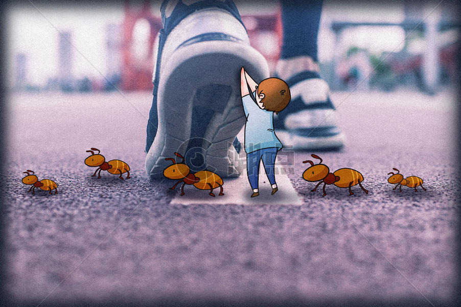 蚂蚁过马路创意摄影插画图片素材免费下载