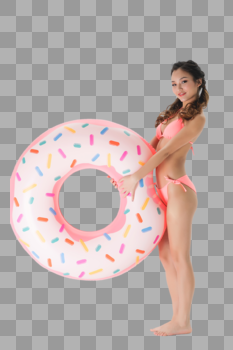 穿粉色比基尼的可爱女生拿着甜甜圈图片素材免费下载