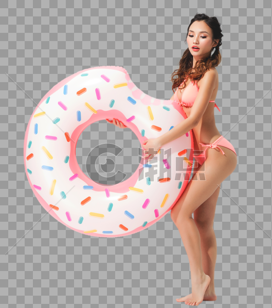 穿粉色比基尼的可爱女生拿着甜甜圈图片素材免费下载