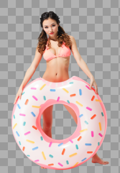 穿粉色比基尼的可爱女生拿着甜甜圈泳圈图片素材免费下载