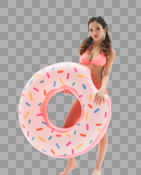 美女穿粉色比基尼的可爱女生拿着甜甜圈泳圈图片素材免费下载