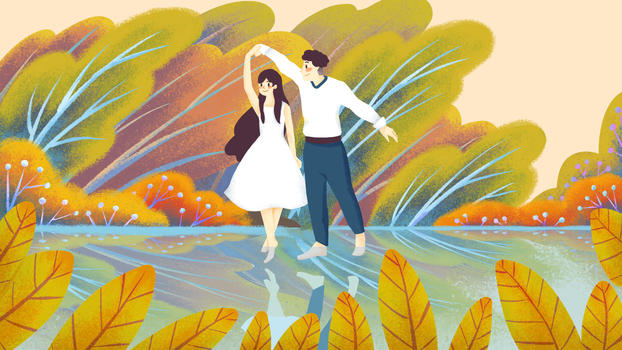 秋季情侣舞蹈插画图片素材免费下载