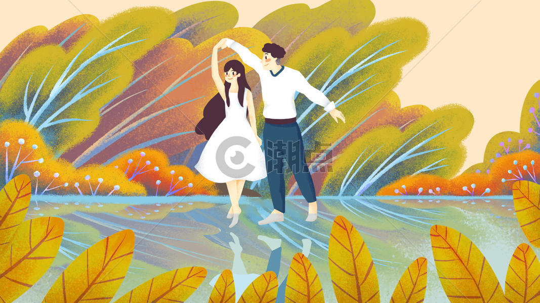 秋季情侣舞蹈插画图片素材免费下载