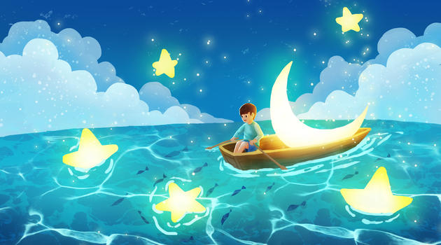 捞月亮和星星的小男孩图片素材免费下载