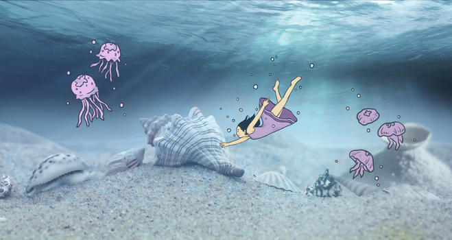 海底少女与水母图片素材免费下载