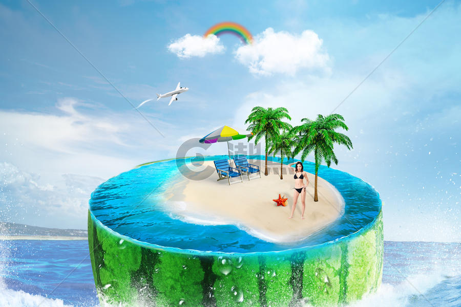 夏季西瓜上的沙滩场景图片素材免费下载
