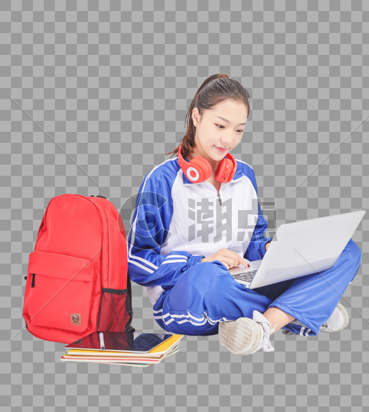 女高中生使用电脑远程学习坐姿图片素材免费下载