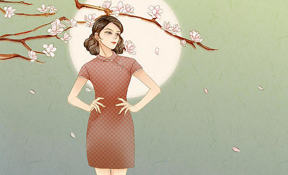 中国风复古月下旗袍美女图片素材免费下载