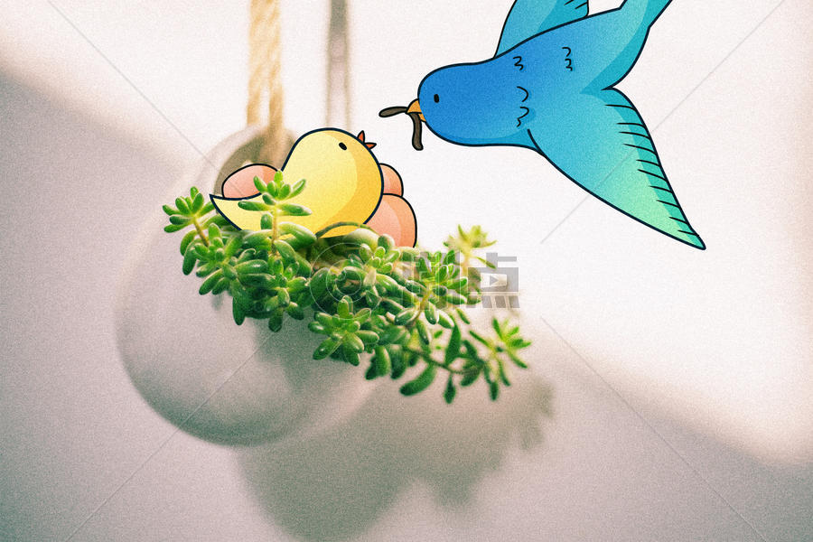 小鸟吃虫子创意摄影插画图片素材免费下载
