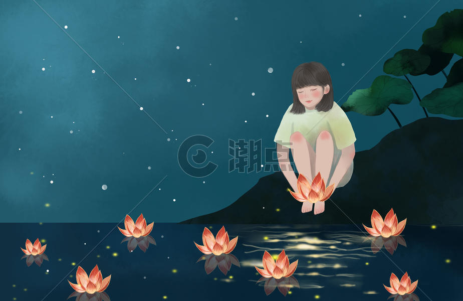 中元节女孩放河灯插画图片素材免费下载