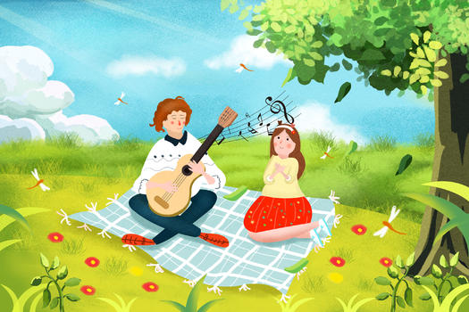 草地上弹吉他的情侣图片素材免费下载