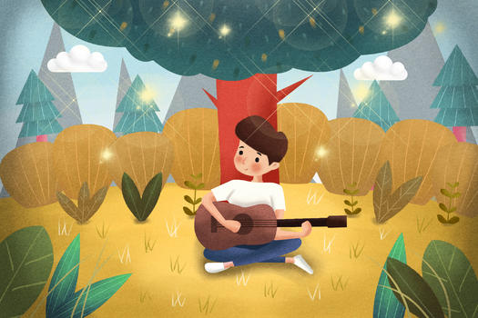 坐在树下弹吉他的男孩图片素材免费下载