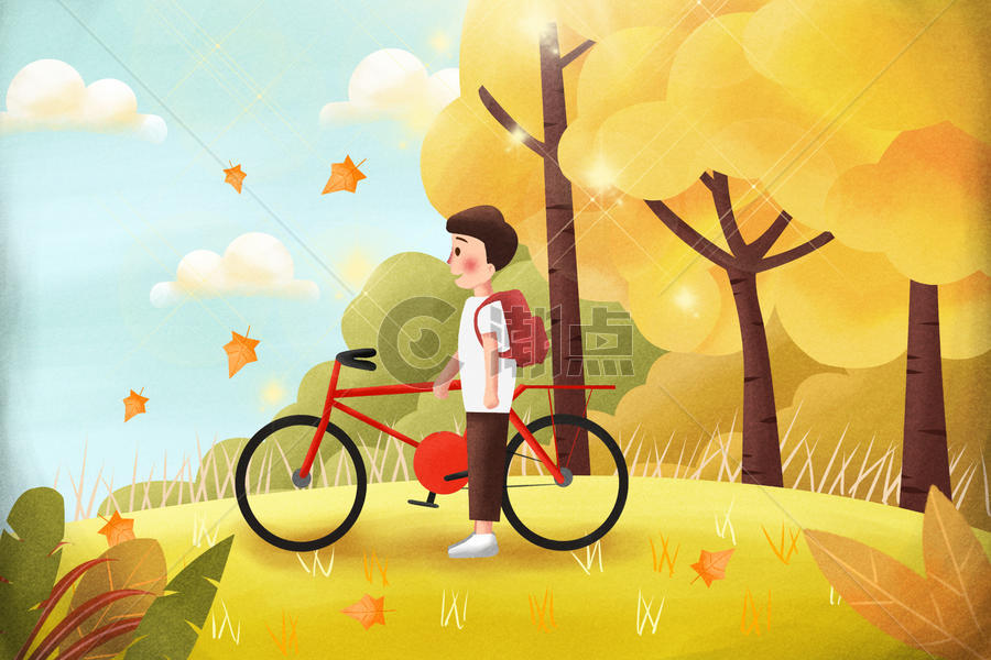 推着自行车的男孩图片素材免费下载