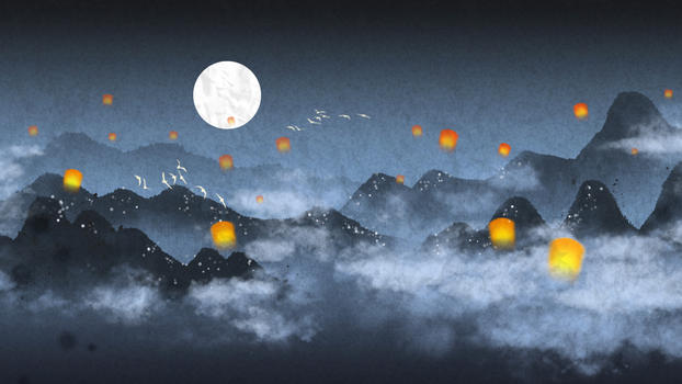 孔明灯月色山水插画图片素材免费下载
