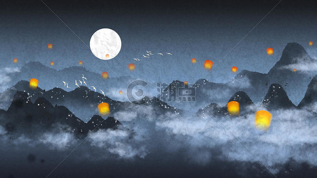孔明灯月色山水插画图片素材免费下载