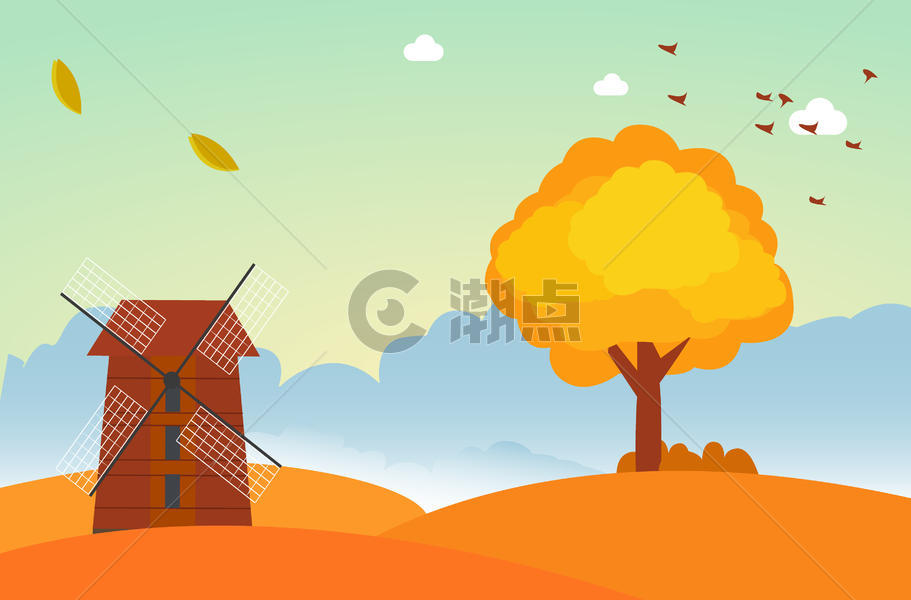 金黄的秋天和风车图片素材免费下载
