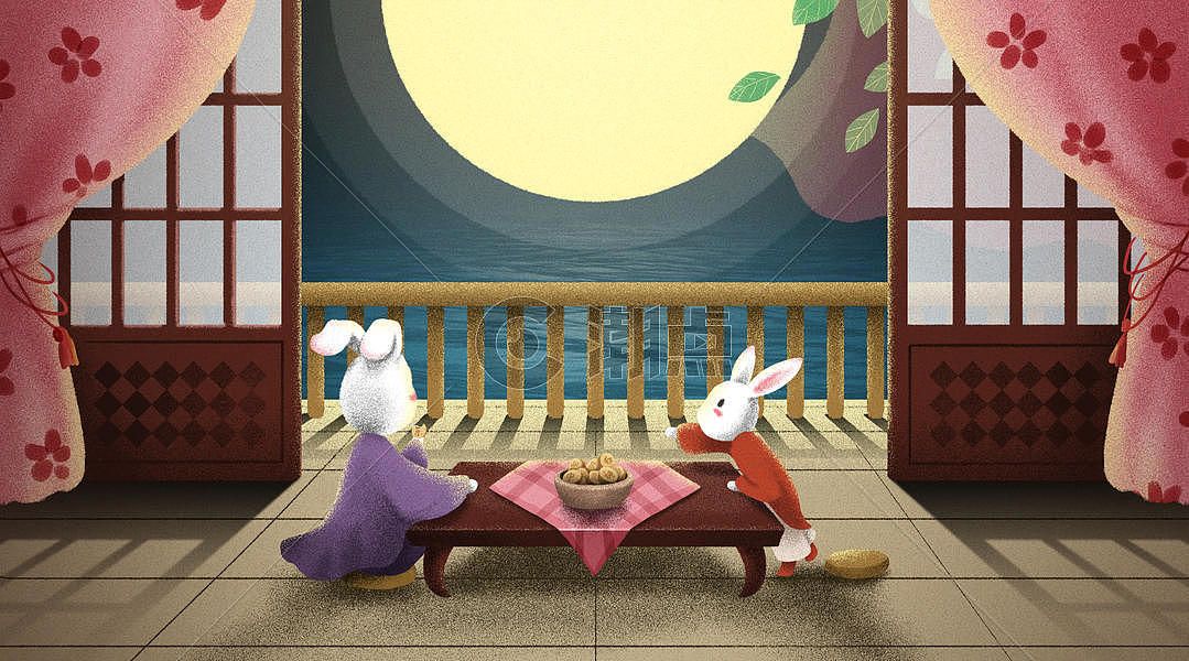 中秋节兔子团圆赏月插画图片素材免费下载