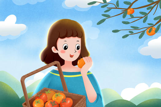 吃柿子的女孩图片素材免费下载