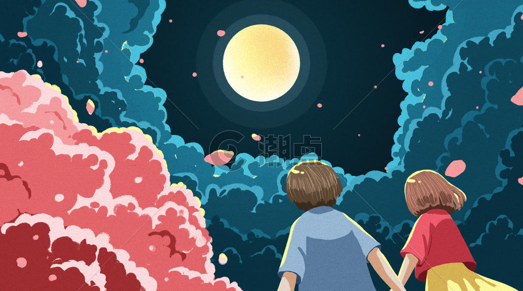 七夕情侣赏月插画图片素材免费下载