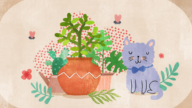 棕色简约风小清新植物花盆猫咪插画图片素材免费下载