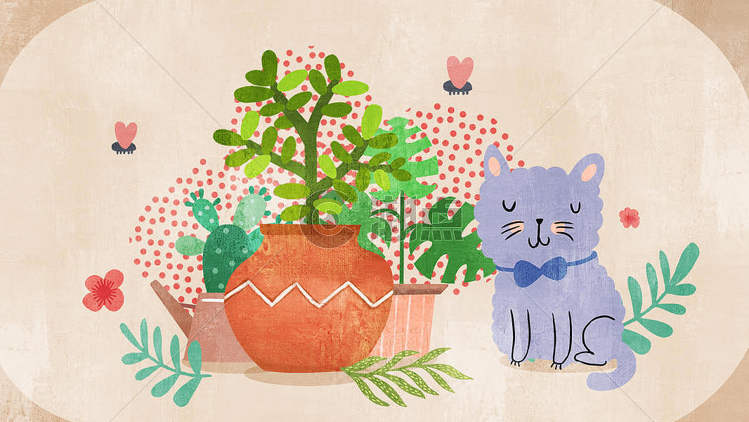 棕色简约风小清新植物花盆猫咪插画图片素材免费下载