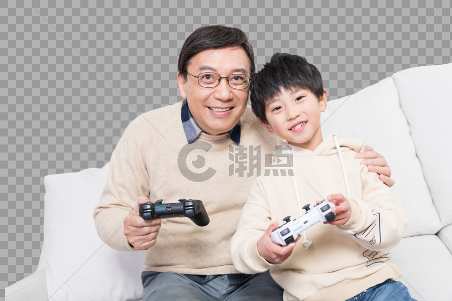 爷爷和孙子在客厅玩游戏图片素材免费下载