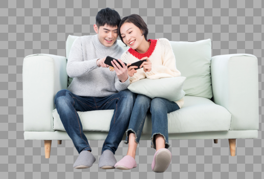 年轻情侣在客厅玩手机游戏图片素材免费下载