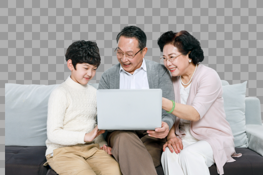 老人和孙子在沙发上玩电脑图片素材免费下载