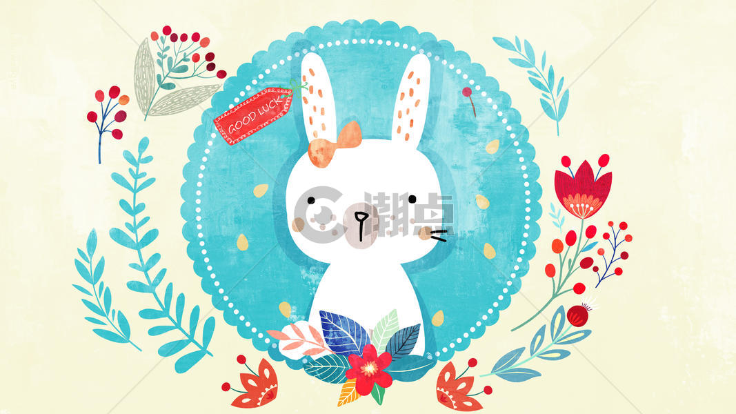 蓝色清新风可爱兔子和花朵插画图片素材免费下载