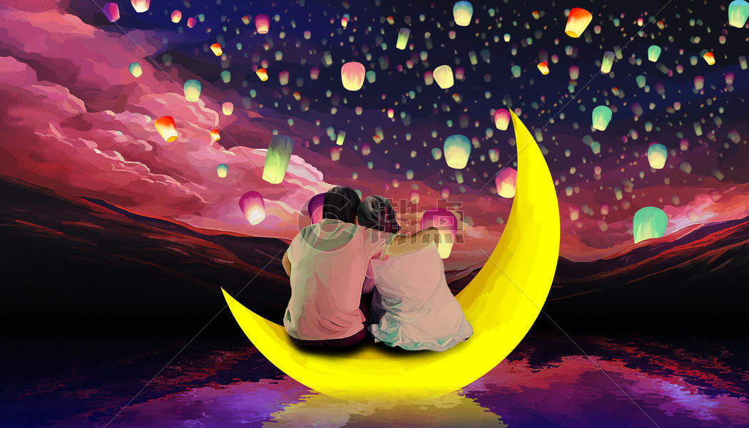 夫妻相拥坐在月亮上赏灯的背影图片素材免费下载