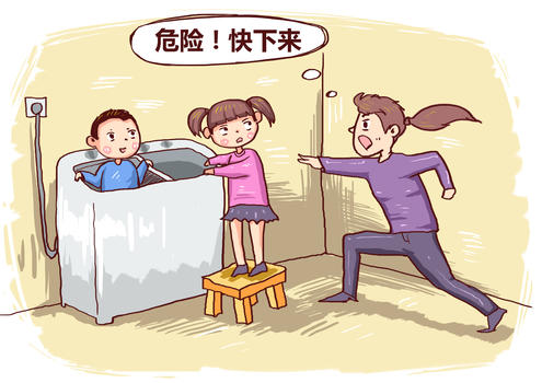 儿童在洗衣机里玩危险漫画图片素材免费下载