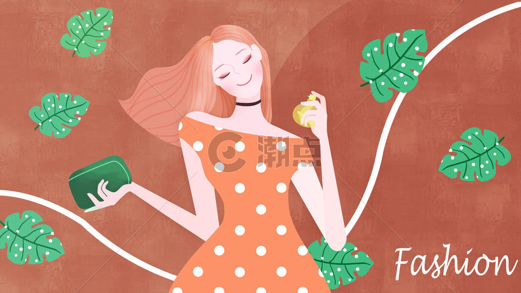 橙色INS风清新美女香水时尚购物插画图片素材免费下载