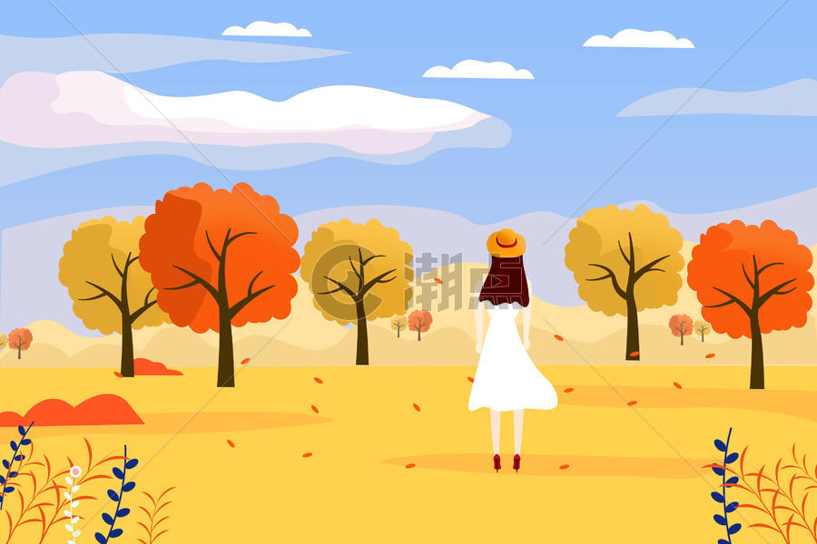 欣赏秋天景色的女孩插画图片素材免费下载