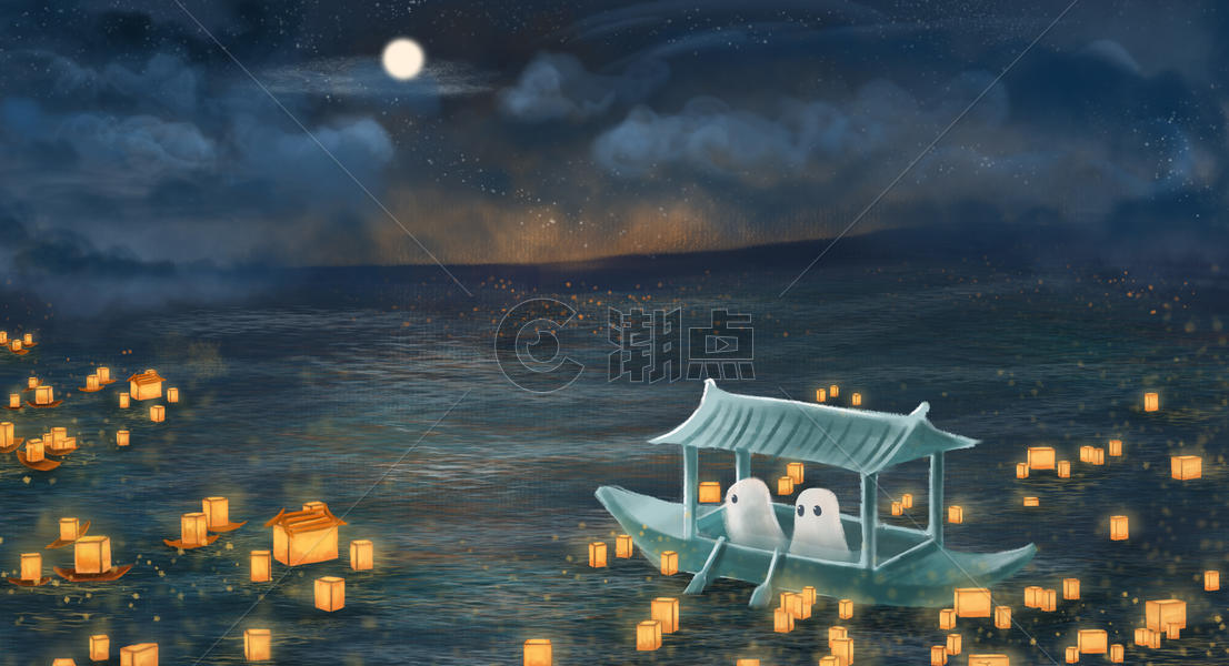 中元节放河灯祭祖插画图片素材免费下载