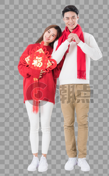 年轻夫妻拿着新年中国结图片素材免费下载