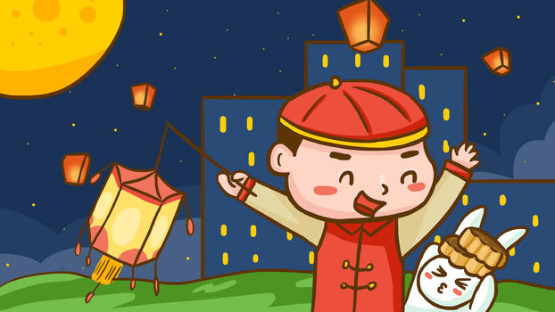 中秋节拿灯笼的小孩和玉兔图片素材免费下载