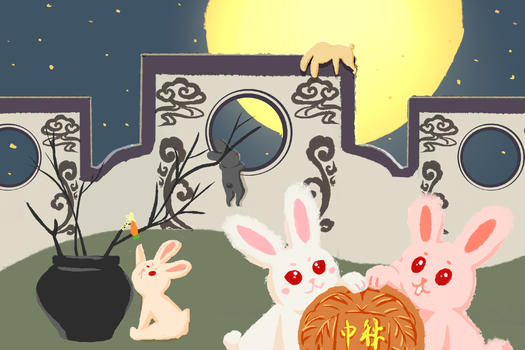 中秋月下玉兔团圆插画图片素材免费下载