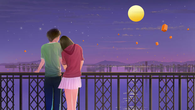 情侣在桥上看月亮图片素材免费下载