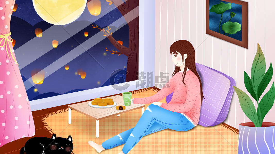 中秋节女孩吃月饼室内插画图片素材免费下载