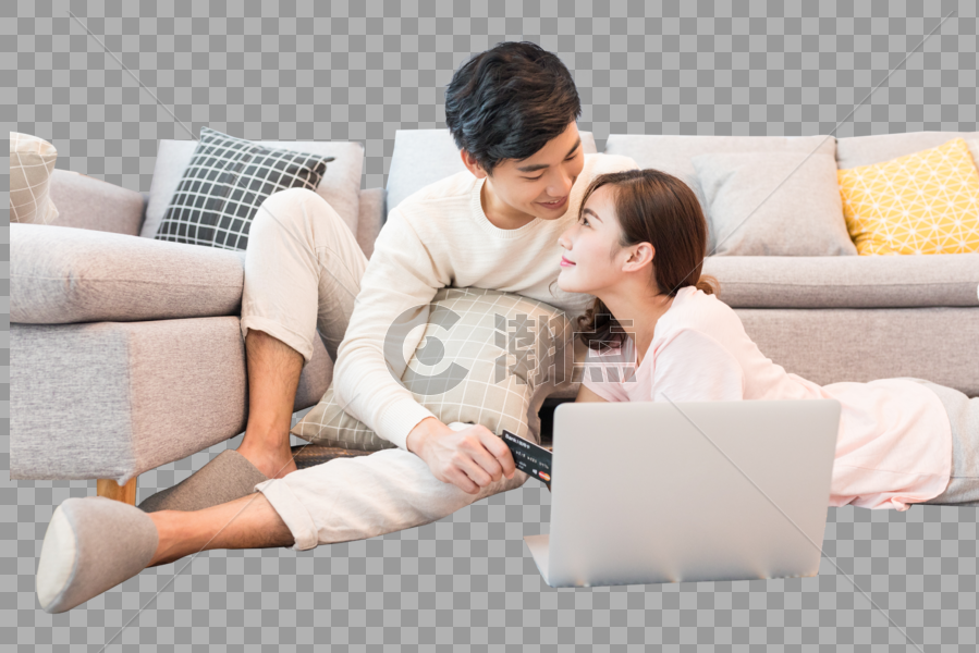 坐在沙发上看电脑的情侣图片素材免费下载